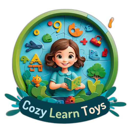 A colorful and playful logo for Cozy Learn Toys featuring vibrant educational elements