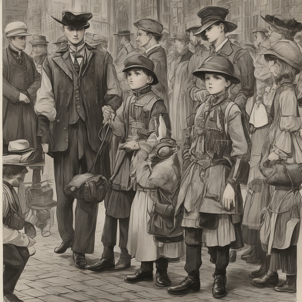 Child in 100-Year-Old Costume - Vintage Newsboy Cap, High-Collared Shirt, Suspenders with Knickerbockers or Long Frilled Skirt, Long Socks, Classic Leather Shoes, and Historical Accessories like Walking Cane and Round Spectacles