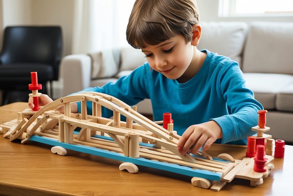 Child constructing a bridge, understanding engineering principles through DIY STEM toys.