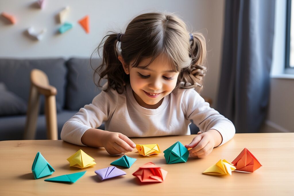 Child joyfully crafting an origami fidget toy, enhancing fine motor skills and creativity through educational play.