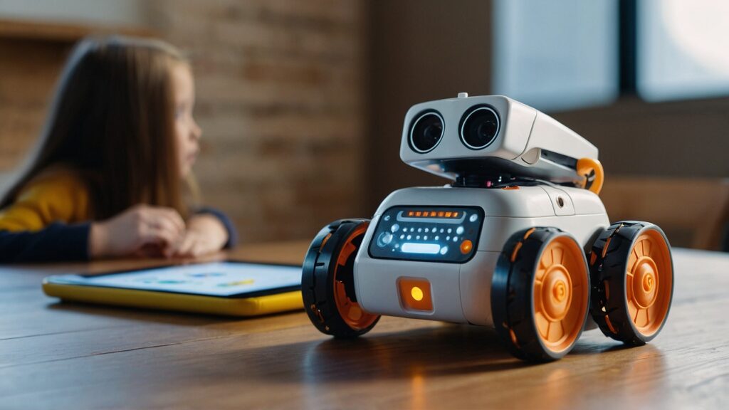 Child using a coding robot toy, learning programming basics in a fun way