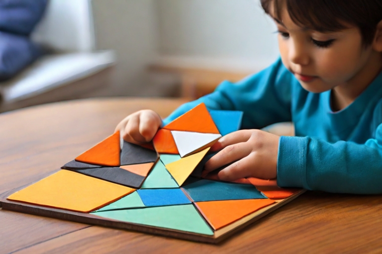 Child solving a DIY tangram puzzle, learning about geometry and spatial reasoning