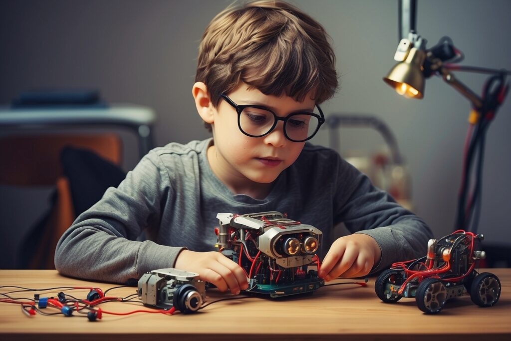 Child building a DIY robot, learning about technology and programming